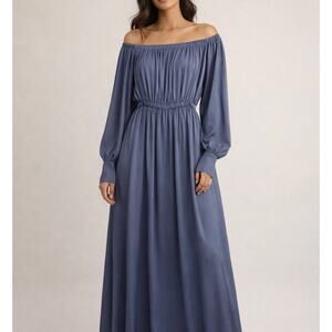 ASTIER NY 100% Silk Off The Shoulder Dress Long Sleeve Satin Maxi Blue